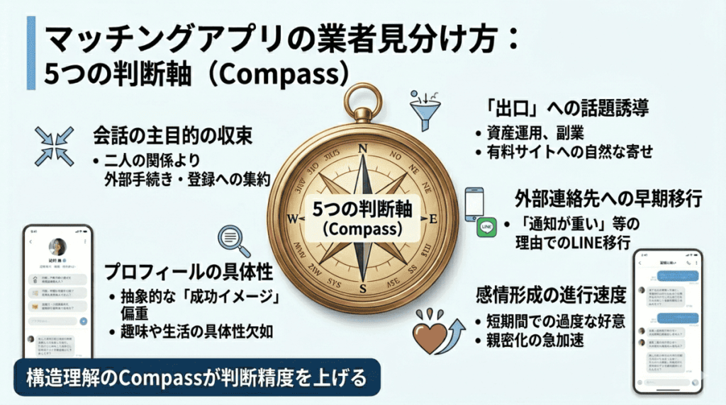 マッチングアプリの業者の見分け方を5つの判断軸（Compass）で示した図