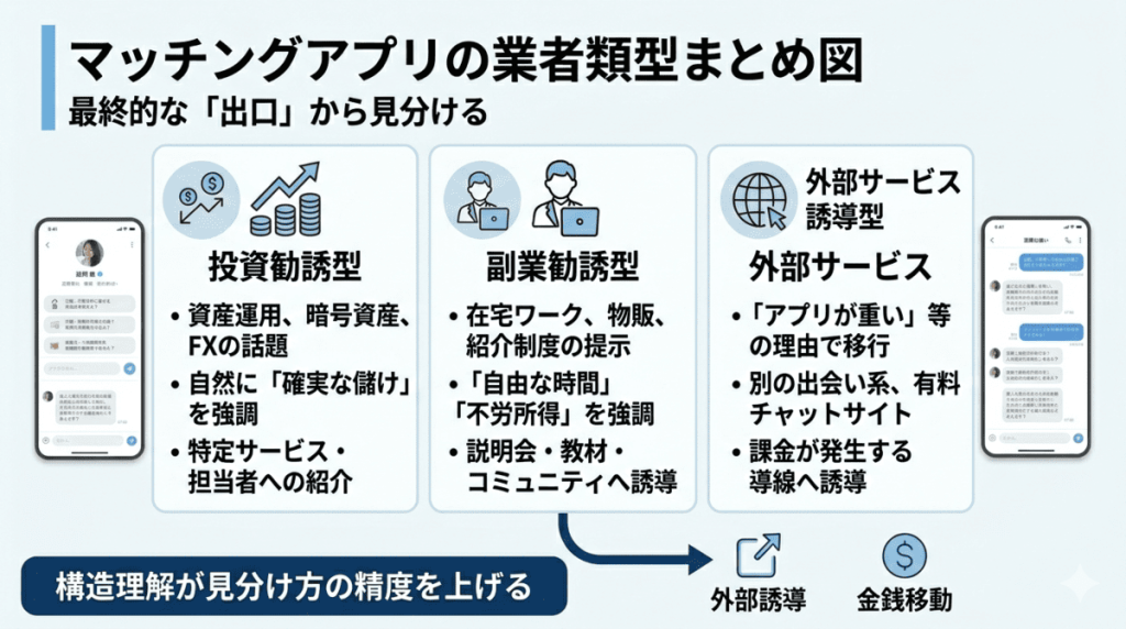 マッチングアプリの業者を3類型に分け、外部誘導や金銭移動の出口から整理した図