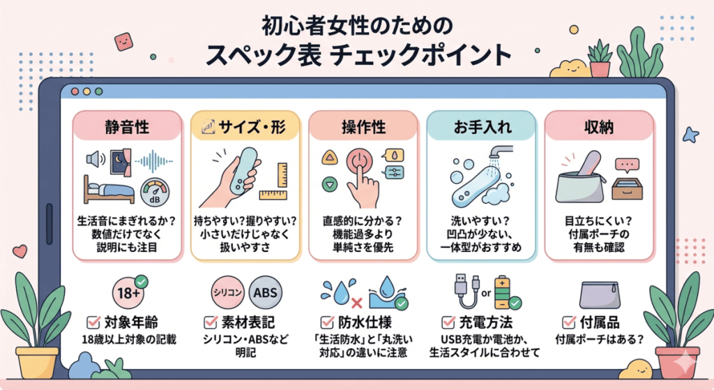 初心者向けに仕様表の見方を整理したイメージ