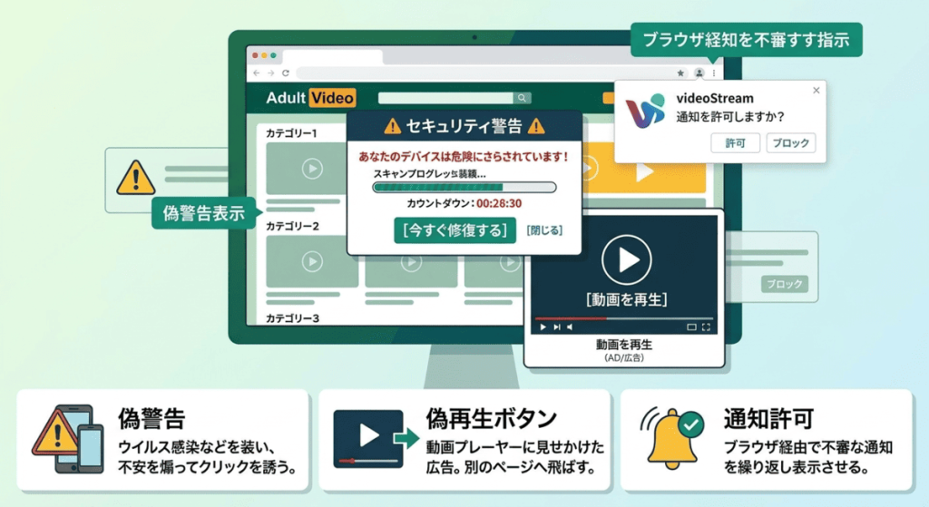 海外アダルト動画サイトでよく見られる不審な表示の例。カウントダウン付きの偽のセキュリティ警告、動画再生プレイヤーを装った広告ボタン、ブラウザの通知許可を求めるダイアログの3つのUIイメージ。