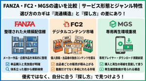 FANZA、FC2、MGSの違いを比較したアイキャッチ画像。FANZAは「整理された大規模配信棚」、FC2は「デジタルコンテンツ市場」、MGSは「専用再生環境重視」という3つの異なるサービス形態を定義し、それぞれの探し方や特徴を視覚的に解説しています。