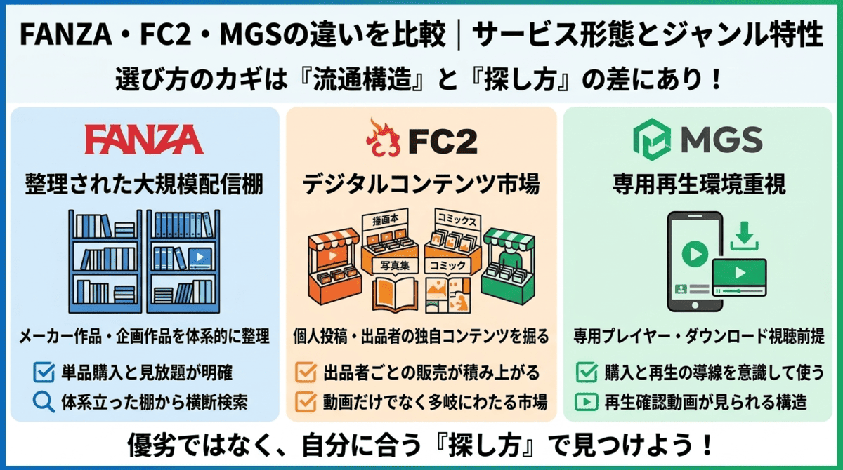 FANZA、FC2、MGSの違いを比較したアイキャッチ画像。FANZAは「整理された大規模配信棚」、FC2は「デジタルコンテンツ市場」、MGSは「専用再生環境重視」という3つの異なるサービス形態を定義し、それぞれの探し方や特徴を視覚的に解説しています。