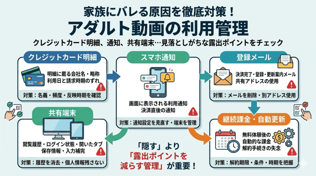 クレジットカード明細や通知設定など、家族にアダルト動画の利用が知られる原因5つと、露出ポイントを減らす管理対策をまとめた図解