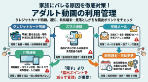 クレジットカード明細や通知設定など、家族にアダルト動画の利用が知られる原因5つと、露出ポイントを減らす管理対策をまとめた図解