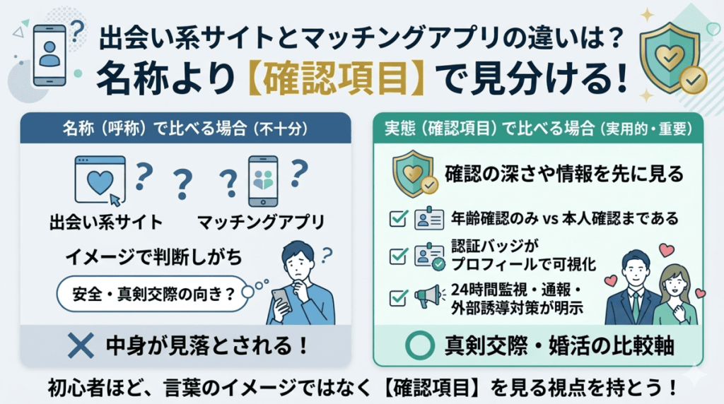 出会い系サイトとマッチングアプリを「名称」ではなく「本人確認の深さ」や「監視体制」などの「確認項目」で比較するためのインフォグラフィック。