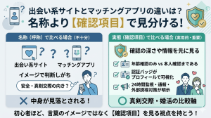 出会い系サイトとマッチングアプリを「名称」ではなく「本人確認の深さ」や「監視体制」などの「確認項目」で比較するためのインフォグラフィック。