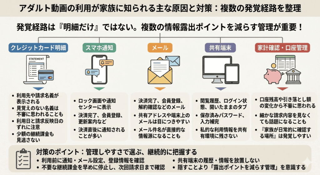 明細、通知、メール、共有端末など家族に知られる主な経路を示した図