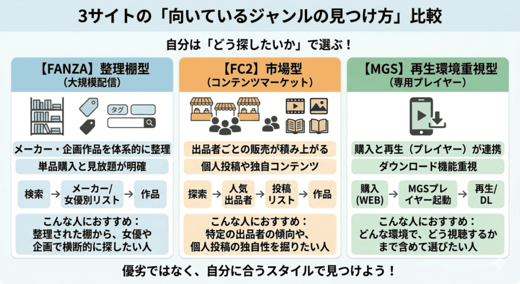 FANZA、FC2、MGSの3サイトの探し方の違いを比較した図解。FANZAは整理棚型（メーカー作品・横断検索）、FC2は市場型（個人投稿・出品者単位）、MGSは再生環境重視型（専用プレイヤー・視聴導線）と定義し、それぞれの特徴とおすすめの人を整理しています。