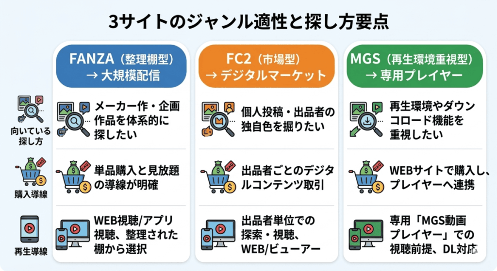 FANZA・FC2・MGSの3サイトにおける「向き不向き」と「利用導線」のまとめ表。FANZAは大規模配信・メーカー作重視、FC2はデジタルマーケット・個人投稿重視、MGSは専用プレイヤー・再生環境重視という特徴を、探し方・購入導線・再生導線の3軸で比較整理しています。