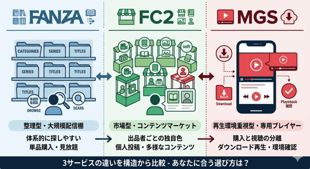 FANZA、FC2、MGSのサービス構造の違いをまとめた比較図。FANZAは「整理型・大規模配信棚」、FC2は「市場型・コンテンツマーケット」、MGSは「再生環境重視型・専用プレイヤー」という特徴と探し方の違いを図解しています。