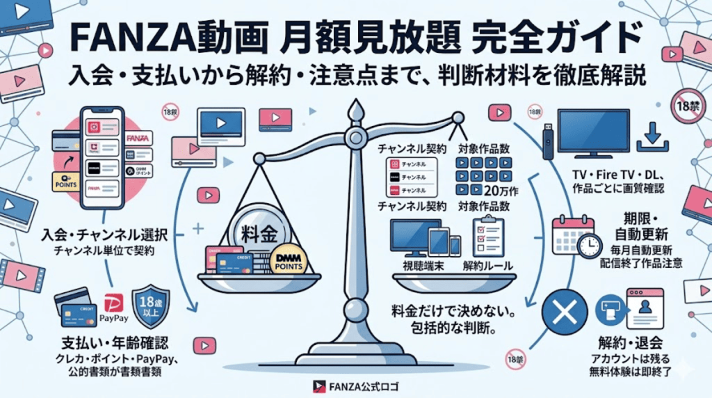 FANZA動画の月額見放題完全ガイド。入会・支払い・解約・注意点を天秤のイラストで比較解説するアイキャッチ画像