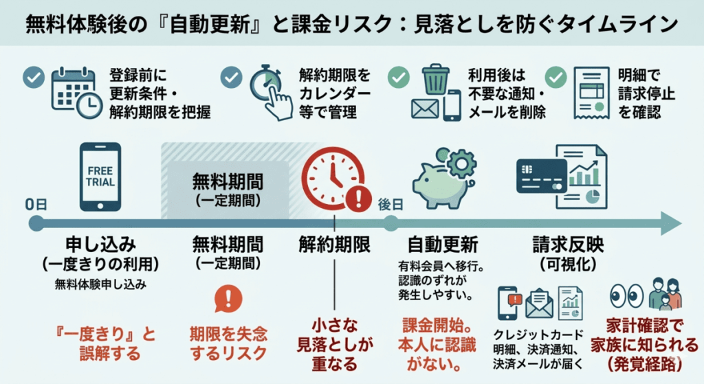 無料体験後の自動更新と請求の流れを示した図