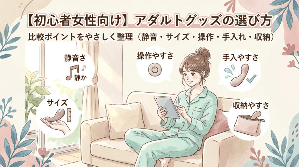 ソファでくつろぎながらグッズを比較検討する女性のイラスト。静音性やサイズ、手入れなど初心者が見るべき5つのポイントを提示。