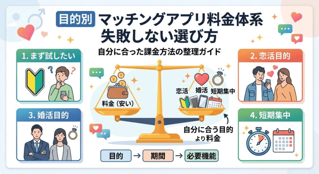 マッチングアプリの利用目的別、最適な料金体系（月額・ポイント・オプション）の組み合わせ図解