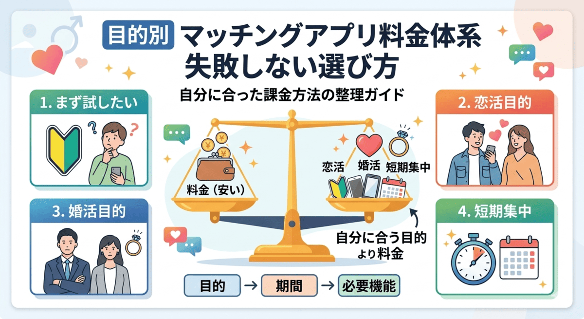 マッチングアプリの利用目的別、最適な料金体系（月額・ポイント・オプション）の組み合わせ図解