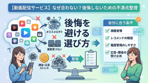 動画配信サービス選びで後悔しないためのポイントを整理したアイキャッチ画像。左側には広告や課金、レコメンドへの不満で悩む女性、右側には自分に合う条件（視聴習慣、履歴管理、広告の受け止め等）を確認して納得する女性が描かれている。