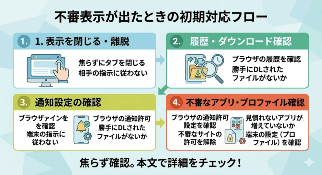 海外サイトの偽警告への対処フロー図。ブラウザの通知許可解除、ダウンロード履歴のチェック、不審アプリの削除など、端末の安全を確認するための具体的な操作手順一覧。