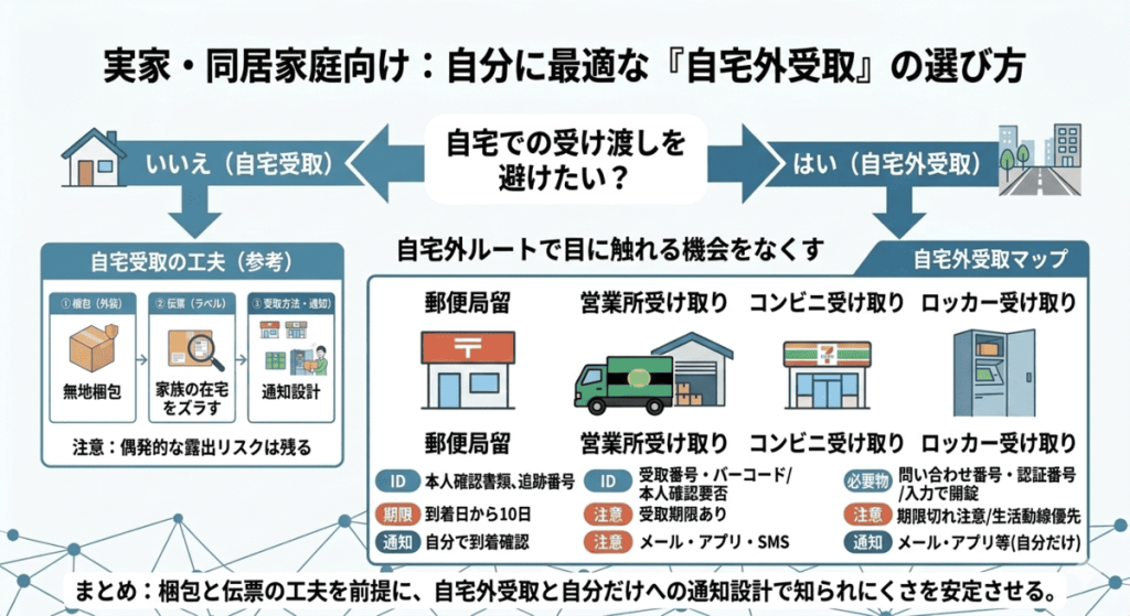 局留・営業所・コンビニ・ロッカーの受取ルートをまとめた図