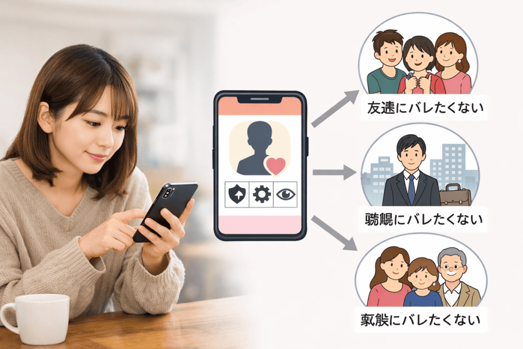 スマホでマッチングアプリの設定を確認し、友達・職場・家族への身バレを防ぐイメージ