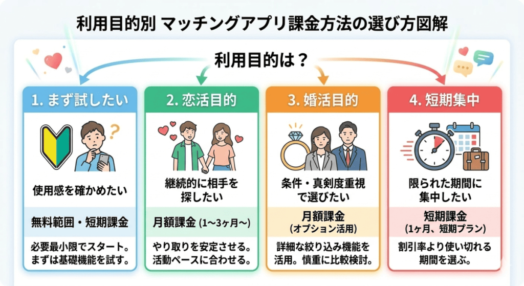 マッチングアプリの4つの利用目的（お試し・恋活・婚活・短期集中）に合わせたおすすめの課金方法・プランの選び方図解