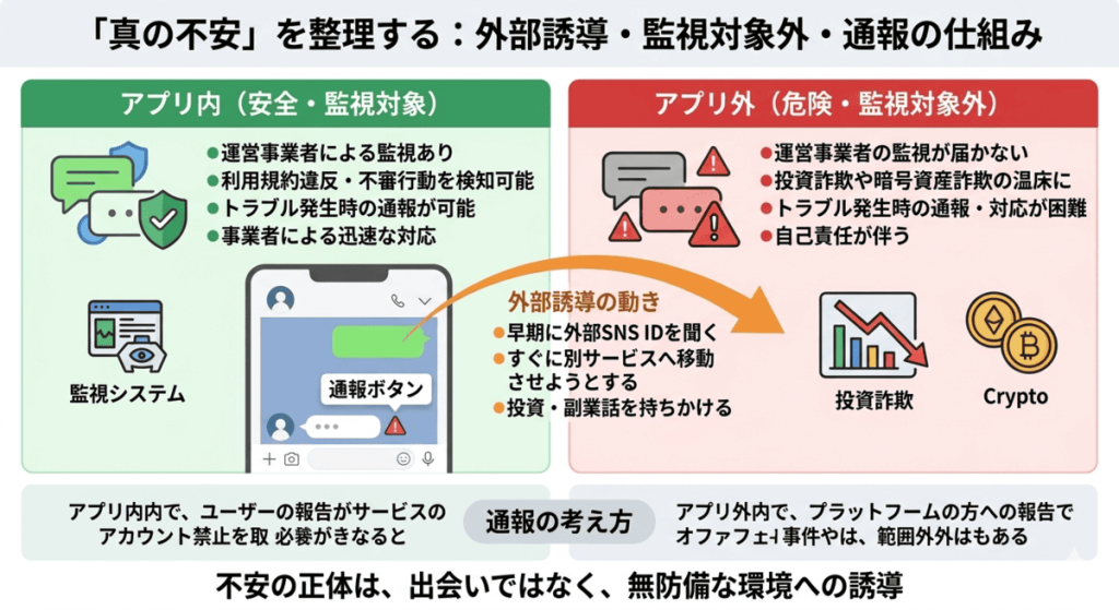 マッチングアプリの外部誘導対策と監視体制の解説図。早期のSNS交換や投資勧誘がなぜ危険なのか、アプリ内通報機能の重要性とあわせて、不安の正体である「無防備な環境への誘導」についてまとめています。