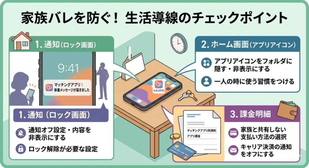 家族にマッチングアプリの利用を知られないためのチェックポイント図解。1.通知をオフ・非表示にする、2.ホーム画面のアイコンを隠す、3.課金明細の支払い方法を選択する、という3つの生活導線上の対策をスマホのイラストと共に解説しています。