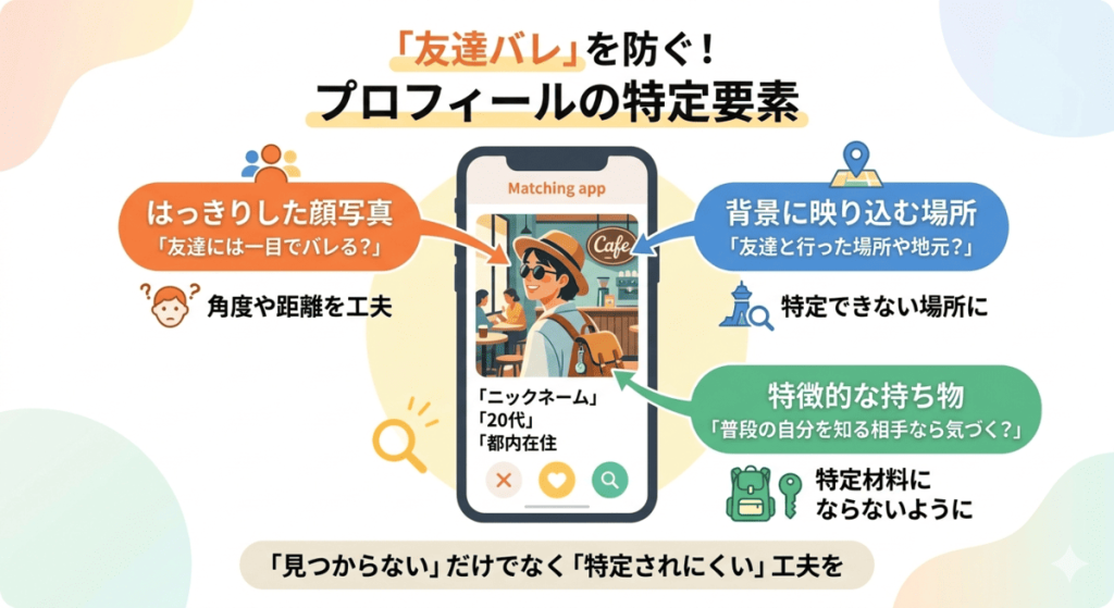 マッチングアプリで友達に身バレする特定の要素を解説した図解。顔写真、背景に映り込む場所、特徴的な持ち物の3つのポイントと、それぞれの対策（角度の工夫や場所の特定回避など）が記載されています。