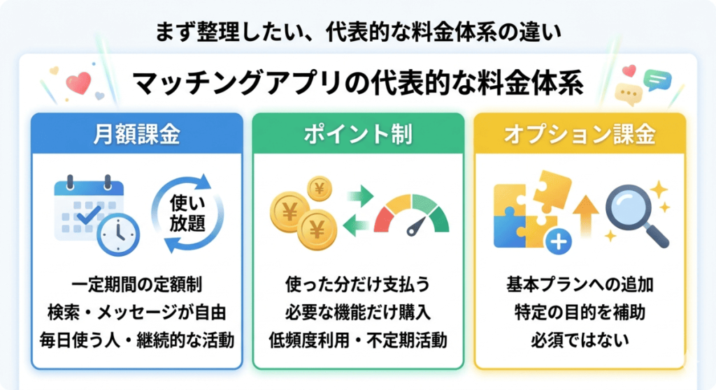 月額制、ポイント制、オプション課金のメリットと、利用頻度に応じた選び方をまとめた整理図