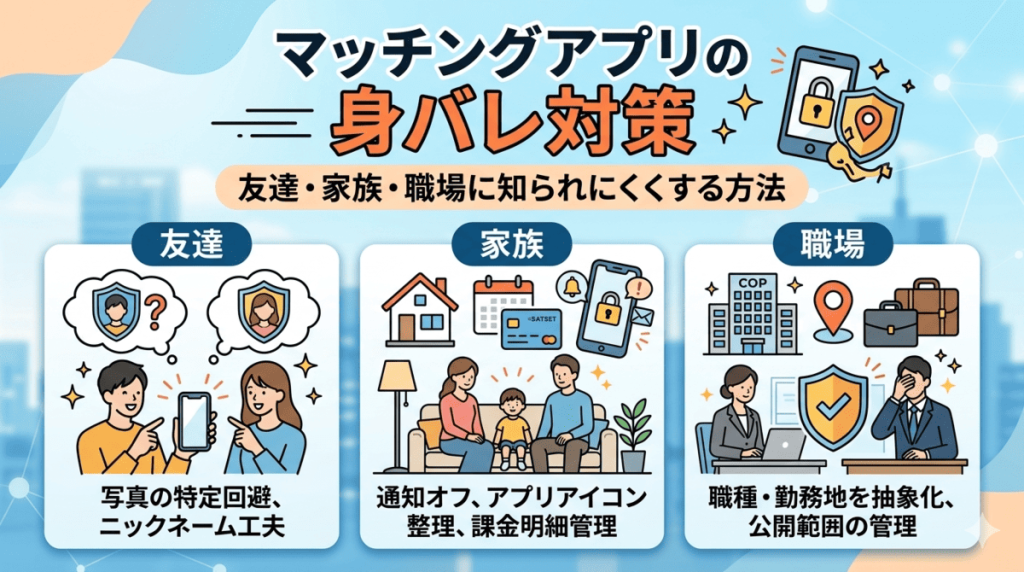 【図解】マッチングアプリの身バレ防止マニュアル。友達・職場・家族にバレないための「設定・プロフィール・利用環境」の3層対策。