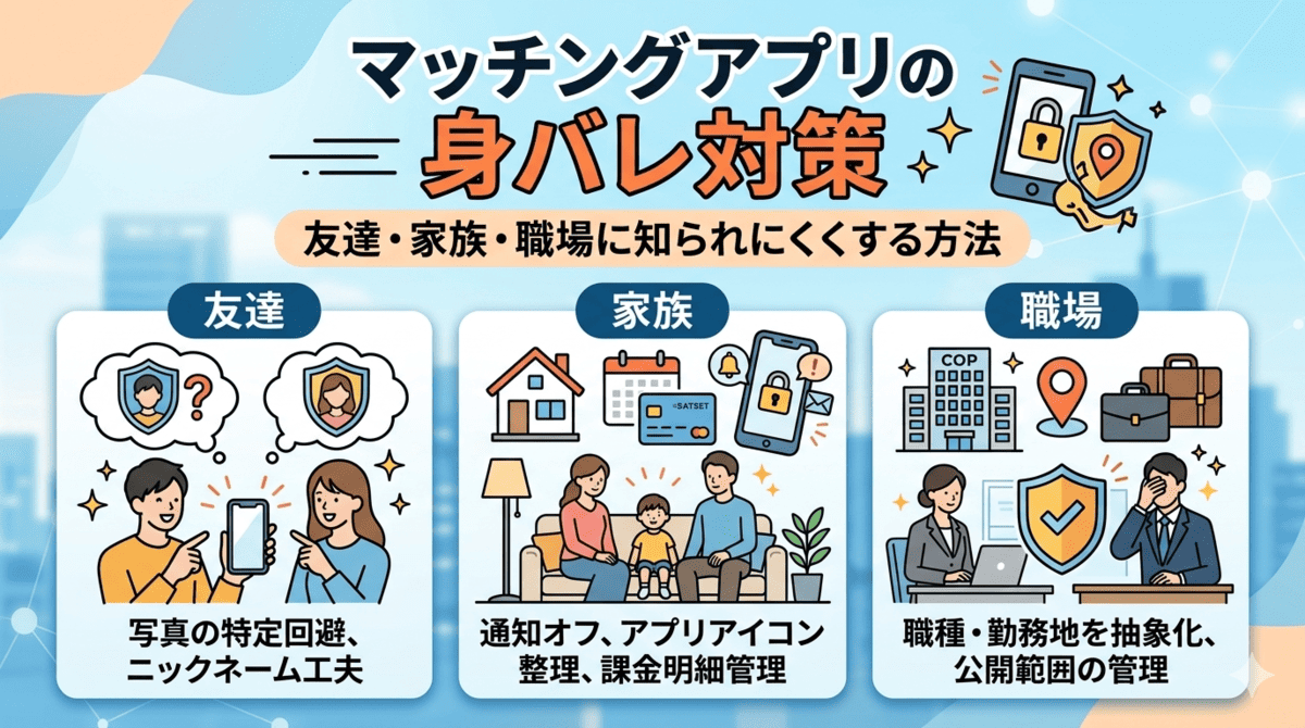 【図解】マッチングアプリの身バレ防止マニュアル。友達・職場・家族にバレないための「設定・プロフィール・利用環境」の3層対策。