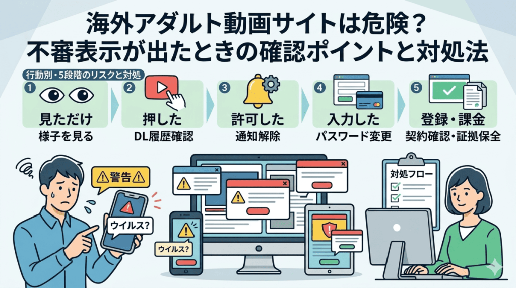 海外アダルト動画サイトの不審表示への対処法を解説するアイキャッチ画像。「行動別・5段階のリスクと対処」として、見ただけ、押した、許可した、入力した、登録・課金の各ステップと、それに対する初期対応フローをイラストで紹介。