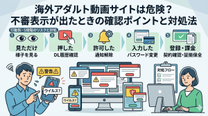 海外アダルト動画サイトの不審表示への対処法を解説するアイキャッチ画像。「行動別・5段階のリスクと対処」として、見ただけ、押した、許可した、入力した、登録・課金の各ステップと、それに対する初期対応フローをイラストで紹介。