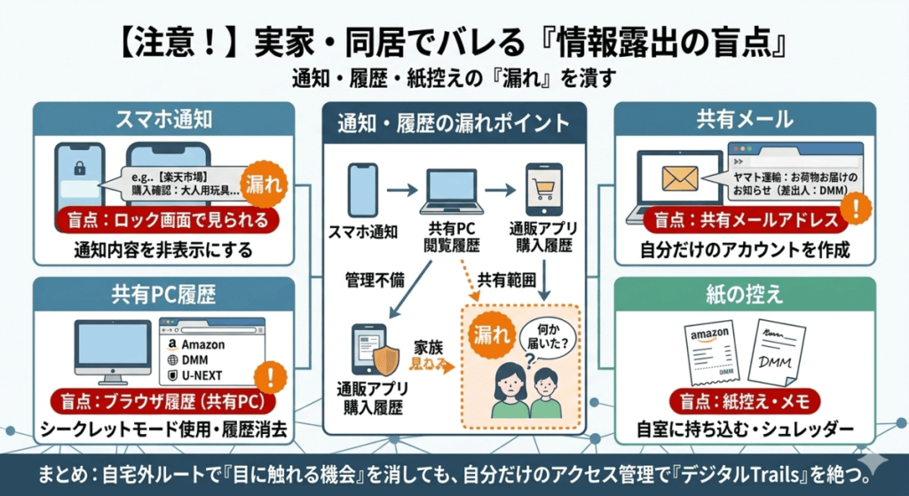 スマホのロック画面通知、共有メール、共有PCの閲覧履歴、紙のメモなど、実家・同居で通販の利用が家族にバレる情報露出の盲点と対策を図解した画像