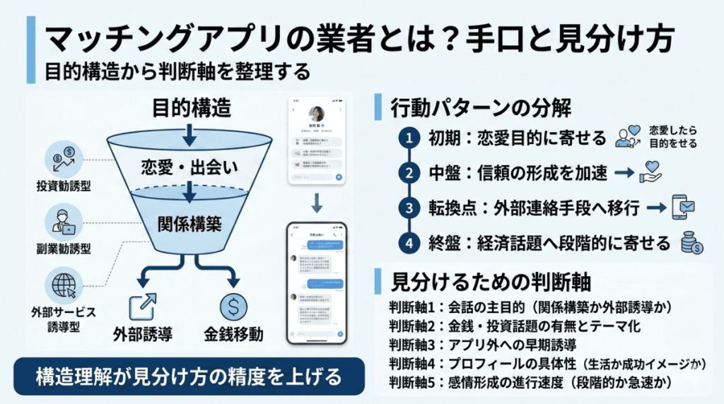 マッチングアプリの業者の仕組みと見分け方を、目的構造と判断軸で整理した図