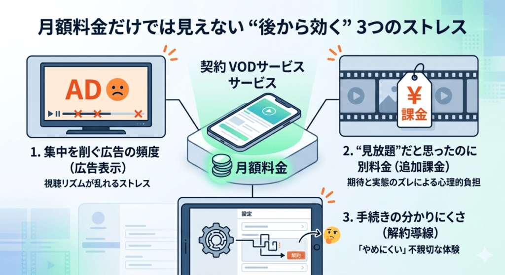 動画配信サービスにおいて月額料金以外にストレスを感じやすい3つの要素を示した図解。1.集中を削ぐ広告の頻度、2.見放題だと思ったのに追加課金が必要なケース、3.解約手続きの分かりにくさを、それぞれアイコンと解説文で説明している。