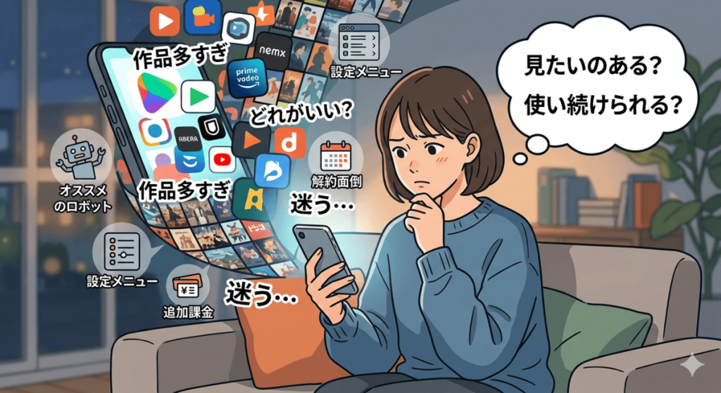 スマートフォンで多数の動画配信サービスのアプリアイコンと作品サムネイルを見つめ、どれを選ぶべきか、使い続けられるか悩む女性のイラスト。周囲には「作品多すぎ」「迷う…」「解約面倒」などの不満点を示すテキストが浮かんでいる。