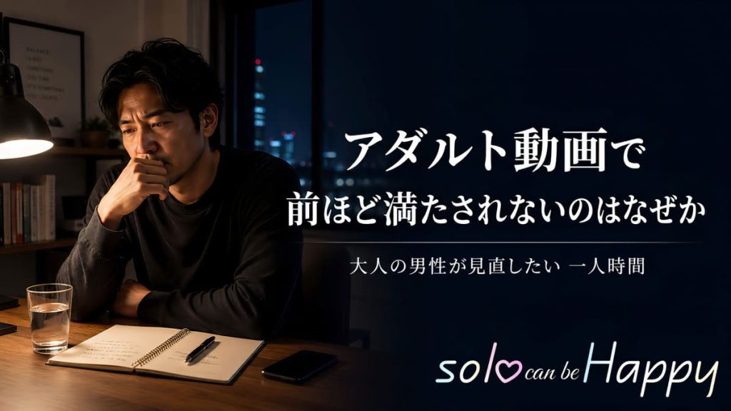 夜の部屋で考え込む男性と、アダルト動画で前ほど満たされない理由を示す文字入りアイキャッチ画像
