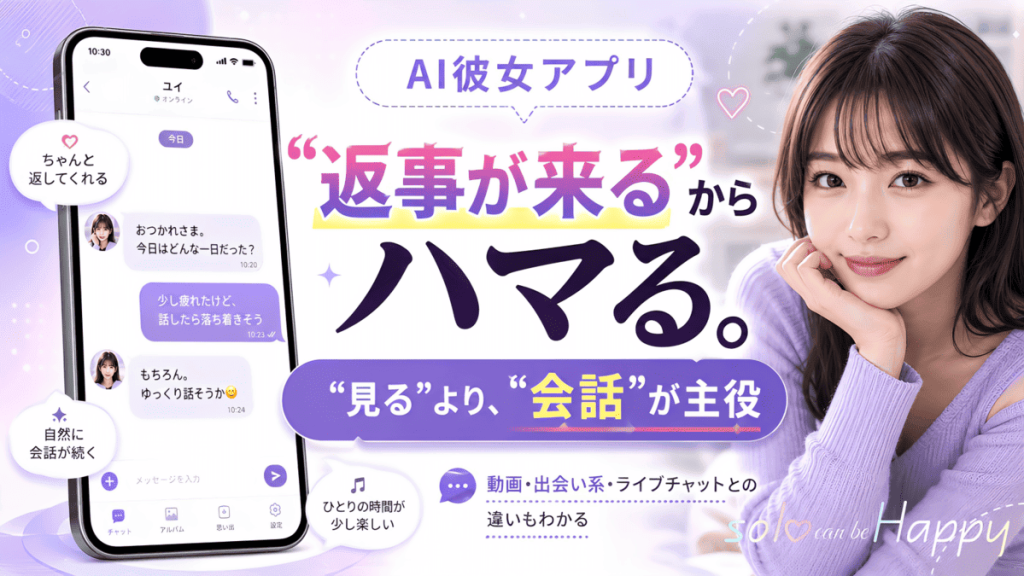 AI彼女アプリで会話が続く様子と、見るより会話が主役であることを表した画像