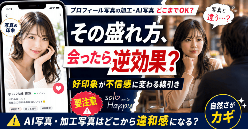 加工したプロフィール写真が会った時に違和感へ変わる様子を表した画像