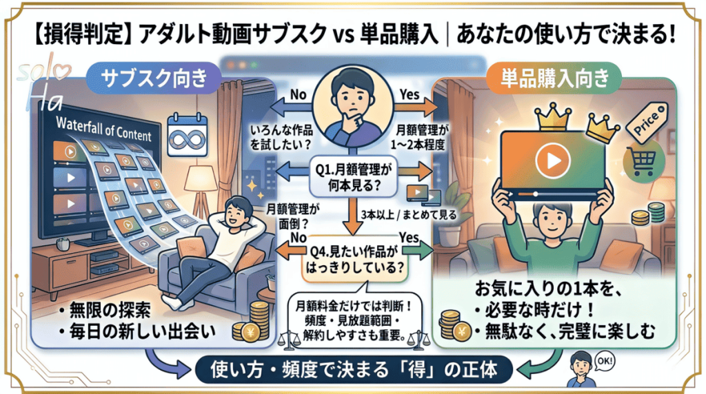 【損得判定】アダルト動画サブスク vs 単品購入の比較画像。利用頻度や解約しやすさなど、月額料金以外の「実質コスト」を考慮して自分に合った選び方を診断するチャート図。