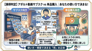 【損得判定】アダルト動画サブスク vs 単品購入の比較画像。利用頻度や解約しやすさなど、月額料金以外の「実質コスト」を考慮して自分に合った選び方を診断するチャート図。
