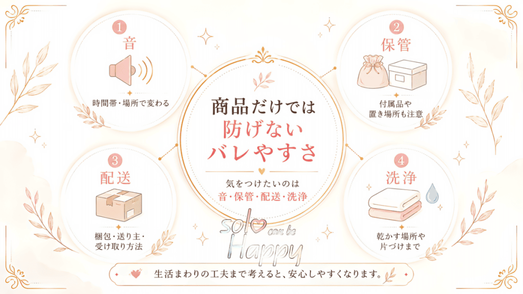 バレにくいアダルトグッズ選びで注意したい生活上の4つのポイントを示した図