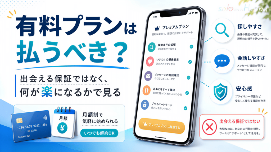 マッチングアプリの有料プランと課金機能の見極め方を示す図解画像
