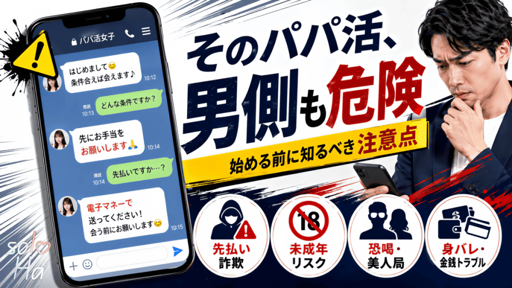 パパ活を始める前に男性が知っておきたい注意点を、スマホ画面と警告アイコンで表現した画像