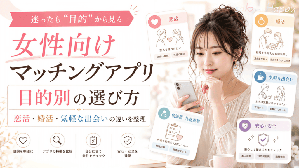 女性が目的別にマッチングアプリを選ぶためのポイントをまとめた目的別に選ぶイメージ画像