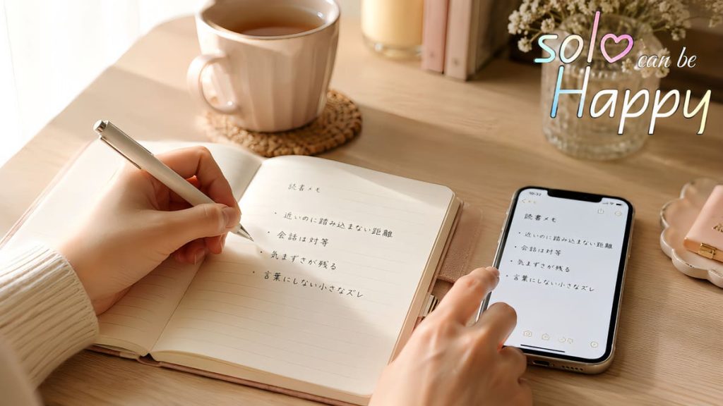 ノートとスマホを使って読んだ作品の好きな要素をメモする手元