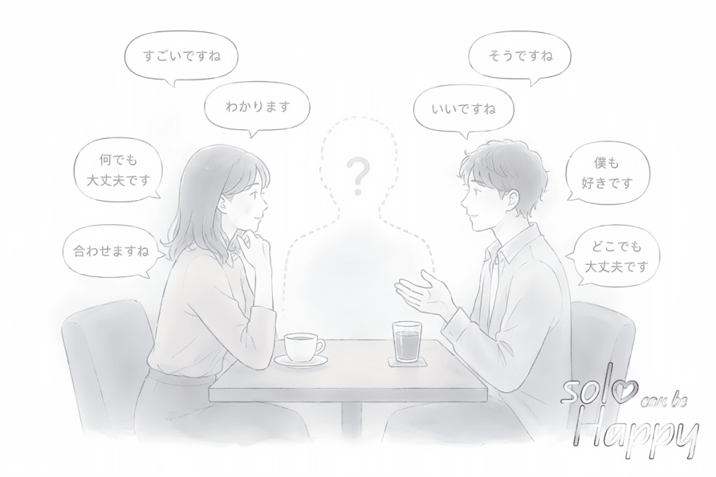 カフェで向かい合う男女の会話と、はっきりしない人物像を示す薄いシルエットのイラスト