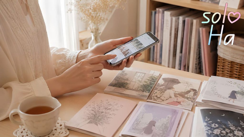 机に並んだ冊子とスマホ画面を見比べながら、同人作品に興味を持ち始めた女性の手元